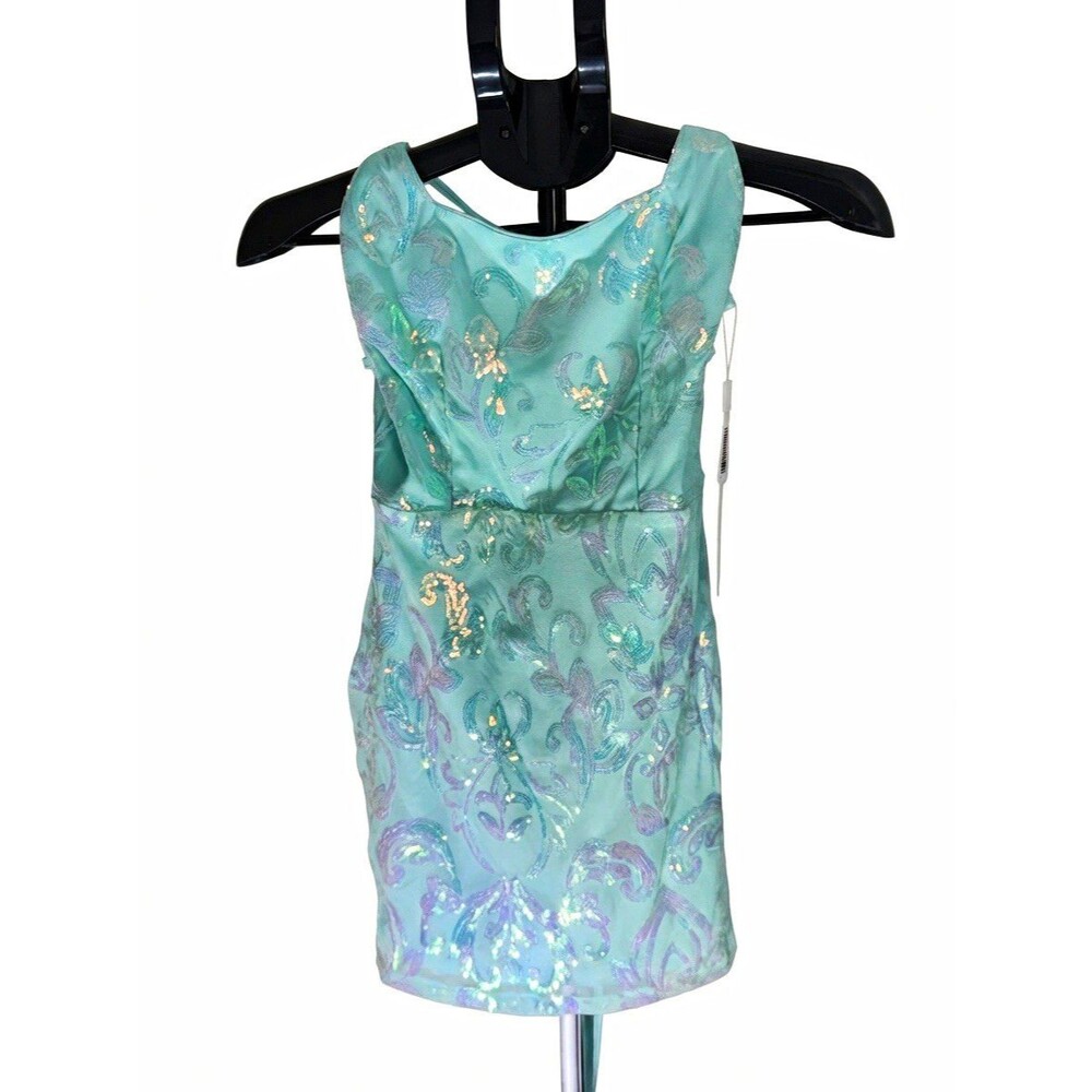 New Odizli Women's Sequin Bodycon Dress Mini XS Mint Green Spaghetti Strap Party